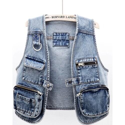 Korean Big Pocket Short Denim Vest Women Washed Blue Waistcoat Casual Sleeveless Jacket Coat Plus size Loose Jeans Vests Female