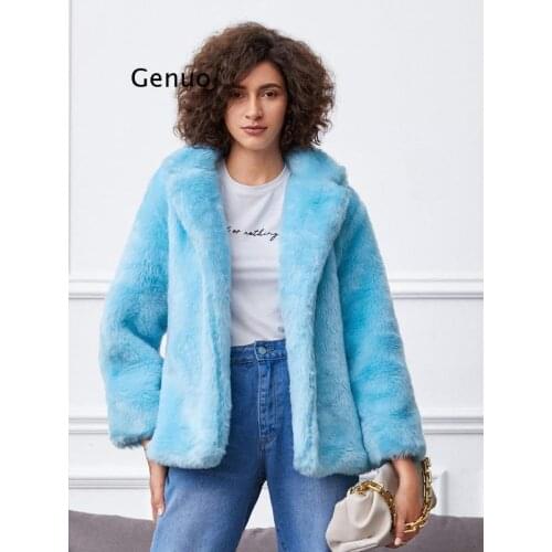 Winter Lapel Hairy Shaggy Faux Fur Jacket Aqua Blue Vintage Long Sleeve Furry Faux Fur Coat Short Outerwear Clothes
