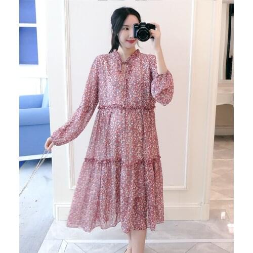 812# Maternity Dress Spring Autumn Chiffon Long Sleeve Loose Stylish Floral Dress for Pregnant Women Mom Dress