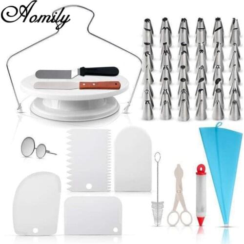 Aomily 73pcs/Set Cake Nozzle Turntable 48 Styles Nozzles TPU Pastry Bag Pen Cake Spatula Dessert Maker Cream Fondant Baking Tool