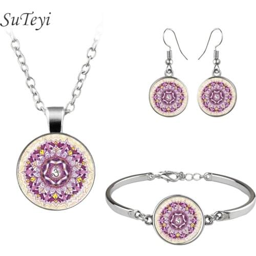 SUTEYI Boho Yoga OM Mandala Bracelet Necklace Earrings Handmade Vintage Hinduism Buddhism Glass Dome Jewelry Set Gift