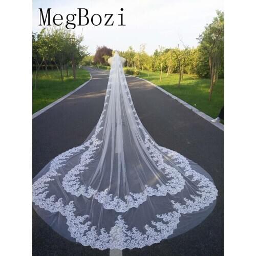 2020 White/Ivory Wedding Veils Long Lace Edge Flower Luxurious Applique Cathedral Bridal Veil With Comb 3/5 Meters velo de novia