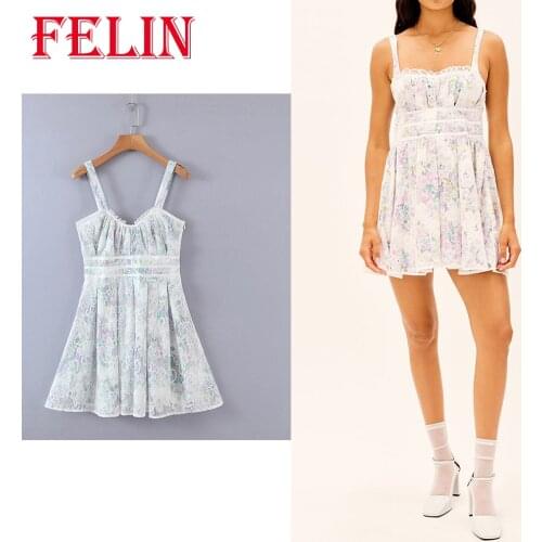 FELIN 2021 Women Za Dress Backless Floral Sundress Lace Chiffon Double Layer Sling Mini Dress Sexy Chic Mujer Vintage Vestidos