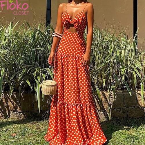 Flokocloset Summer Spaghetti Strap Hollow Out Bow Maxi Dress Casual Polka Dot Print Party Dresses for Women