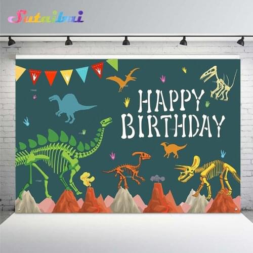 Dinosaur Birthday Backdrop Photography Background for Baby Shower Party Volcano Eruption Dinosaur Skeleton Decoration Banner