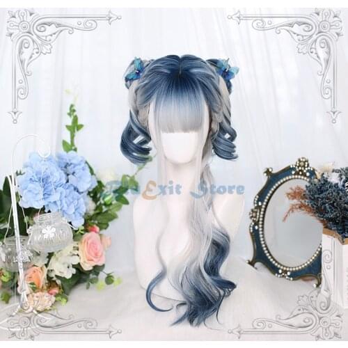 Gradual Beige Blue Lolita Wig Harajuku Fairy Cosplay Bangs Curly Body Wave Long Sweet Fringe Adult Girls Hair