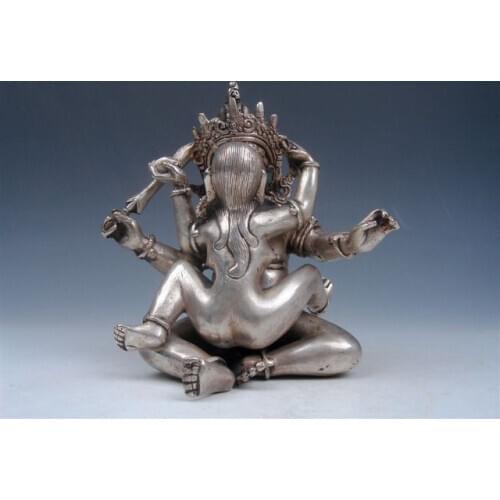 Chinese Vintage Tibetan Silver Copper Crafted Mandkesvara Yab-Yum Buddha