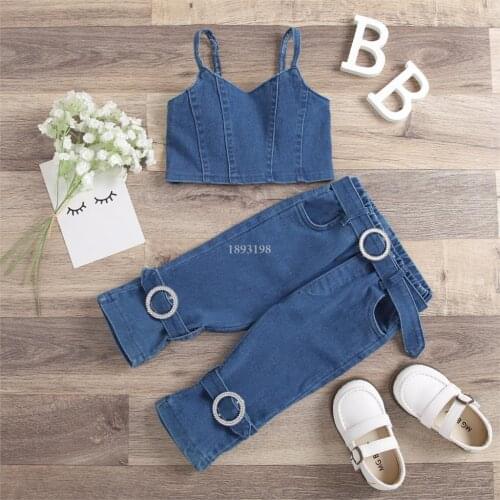 Children Denim Clothing Set Girls Sling Buckle + Washed Jeans 2pcs Outfits Kids Casual Denim Clothes Set