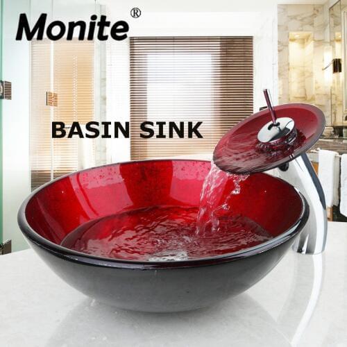 Red Round Washroom Basin Vessel Vanity Sink & Bathroom Mixer Tempered Glass Basin Sink Washbasin Faucet Set With Drain