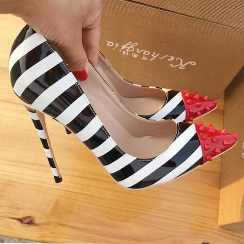 Fashion free shipping Women lady spikes stripe Patent leather Poined Toe Stiletto high heel pump HIGH-HEELED SHOES Wedding