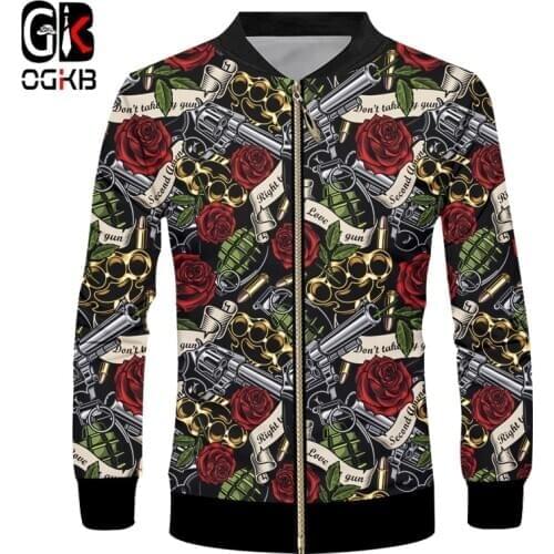 OGKB 3D Zipper Jacket Men Gun And Red Rose 3D Full Print Novelty Long Sleeves Coat Fashion Tracksuits Harajuku Streetwear Jacket