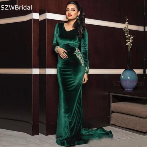 New Arrival V Neck Green evening dresses Long sleeve Muslim evening dress Plus size Velvet vestidos de fiesta Evening gowns 2021
