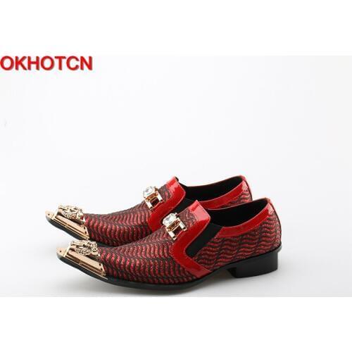 OKHOTCN Men shoes Metal Pointed Toe Luxury Wedding Shoes Crystal Rhinestone Party Banquet Shoes Male Footwear Loafers Homme