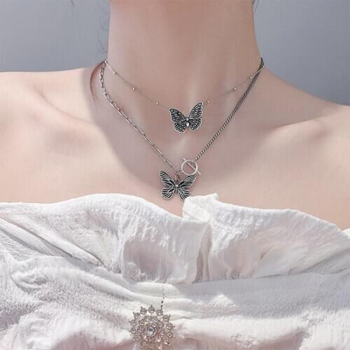 925 Sterling Silver Black Butterfly Necklace Female Vintage Gothic Design Chain Jewelry Charming Cool Girls Statement Kpop Gift