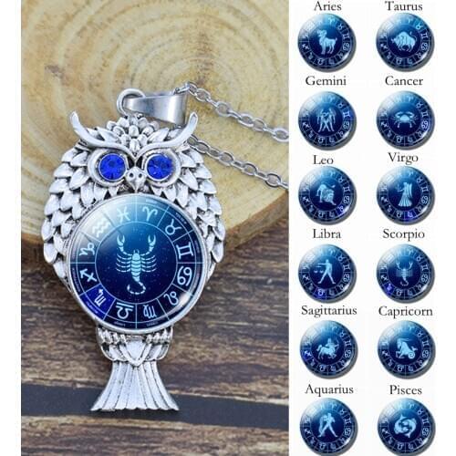 Cute Owl Pendant Alloy Metal Owl Necklace 12 Zodiac Signs Aries Taurus Gemini Cancer Leo Scorpio Constellation Jewelry