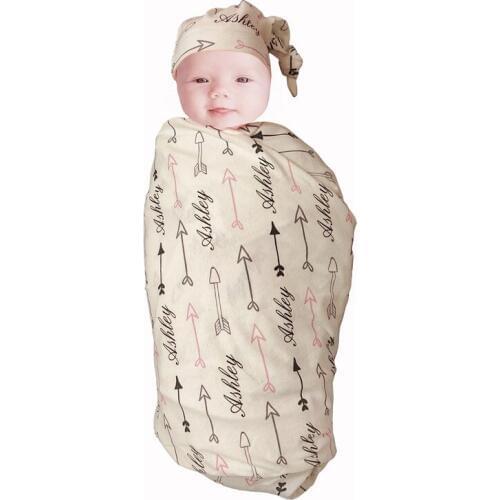 Personalized Baby Swaddle Newborn Baby Blanket Swaddling 100% Cotton Printed Name Arrow Pink Baby Bedding Gift Crib Bed Blanket