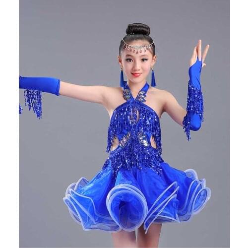 Girls Ballroom Dance Competition Dresses Tango Cha Cha Costumes Children Latin Dancewear Sequin Performance Show Stage Outfits