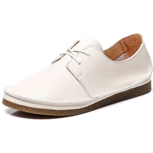 Genuine Leather Oxford Shoes For Women Lace up Loafers Outdoor Walking Shoes Female Flats Round Toe Driving Shoes