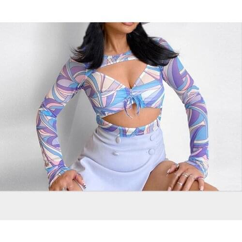 Y2K Women Sheer Mesh Tops Long Sleeve Crew Neck Geometric Print Hollow Out T-Shirts Young Style S/M/L