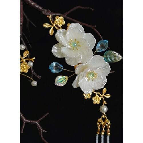 1 pcs vintage camellia flower Long tassel pearl Girl classical Hair Jewelry Flower Hiar clips Accessories