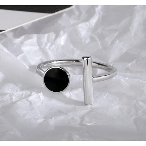 925 Sterling Silver Geometric Black Round Rings For Women Open Adjustable Size Bijoux Femme Jewelry Anillos jz588