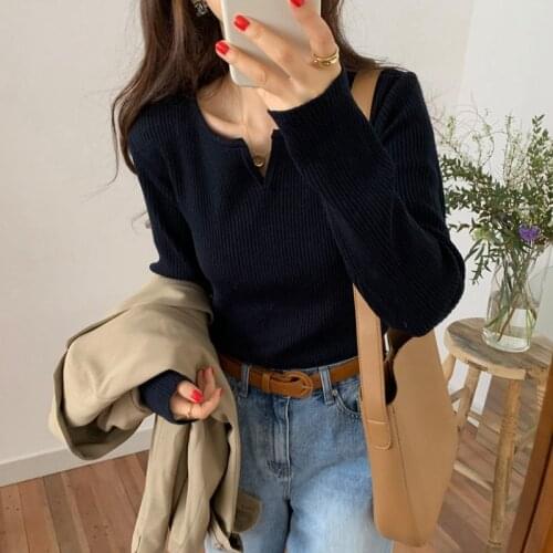 Alien Kitty Vintage Hot Solid V-Neck 2021 Sweet Causal Clothe Slim All Match Stylish Women New Sweater Streetwear Basic Tops