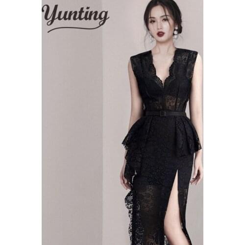 2020 Summer Robe Femme Korean Elegant Lace Cotton Dress Women Sleeveless V-Neck Embroidered Long Party Dress