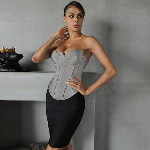 Women Summer Sexy Strapless Backless Gray Patchwork Bodycon Mini Bandage Dress 2021 Elegant Evening Party Club Dress Female