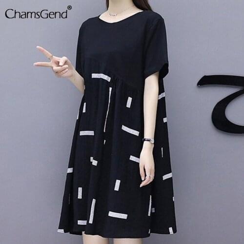 Casual Short Sleeve Summer Women Dress 2021 New Basic Loose Round Neck Print Dip Hem T-shirt Dress Fashion Knee Length Dresses