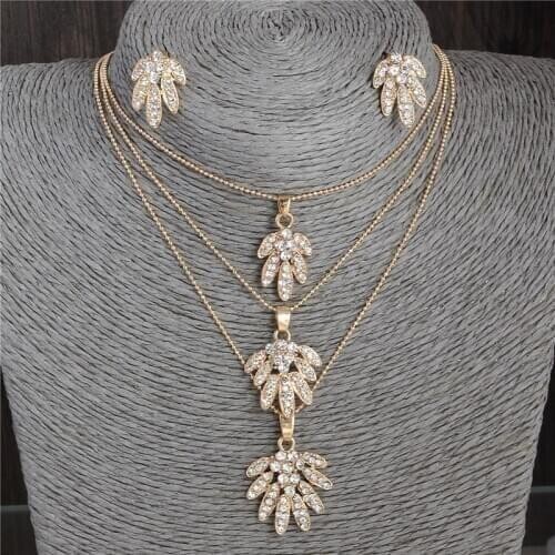 ZOSHI New Jewelry Set For Women Gold Color Leaf Pendant Rhinestone Jewelry Sets 3 Layed Chains Necklace Earrings Set