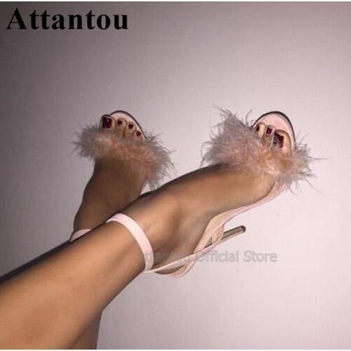 Black Pink Soft Fur One Belt Women High Heel Sandals Concise Designer Cut-out Ankle Strap Open Toe Summer Party Shoes