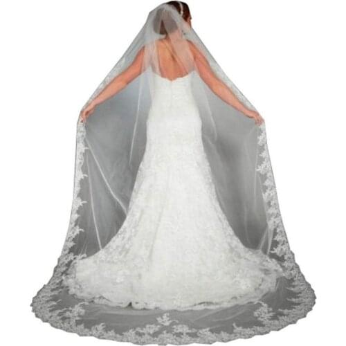 White Lace Edge Bride Bridal Veil Voile Mariage High Quality 3 Meters Long Cathedral Wedding Veils Velos De Novia