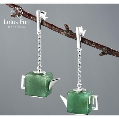 Lotus Fun Real 925 Sterling Silver Natural Aventurine Gemstone Fine Jewelry Vintage Square Teapot Dangle Earrings for Women