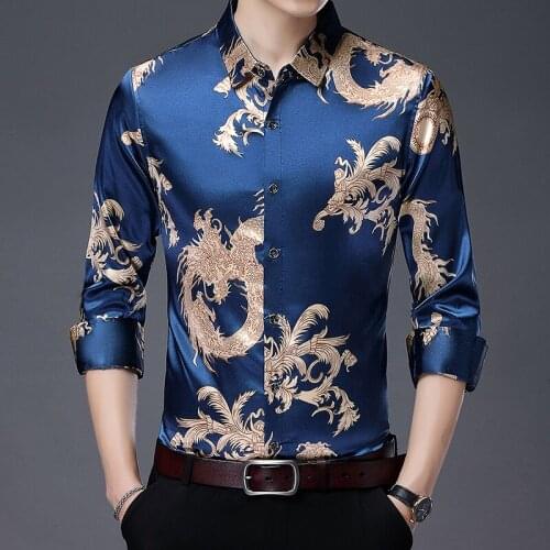 Mens Silk Shirt Spring China Dragon Patterns Shirts Long Sleeve Smooth Satin Dress Male Casual Silk Dress Shirts