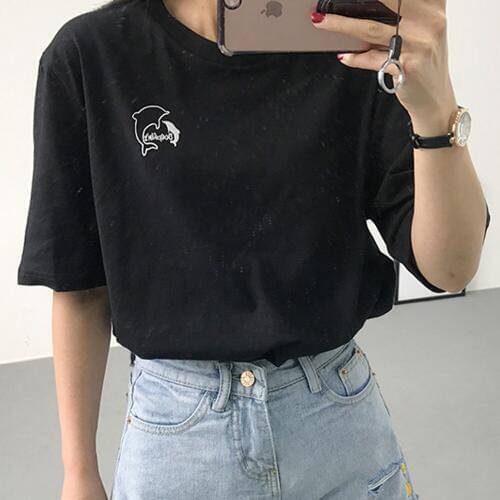 New cute dolphin print cotton T shirt for woman Graphic Tees summer tops Hipster Tumblr plus size drop ship
