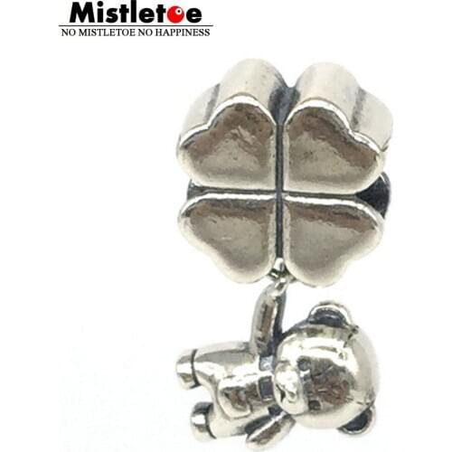 Mistletoe 925 Sterling Silver Lucky Clover Bear Dangle Charm Fit European Bracelet Jewelry