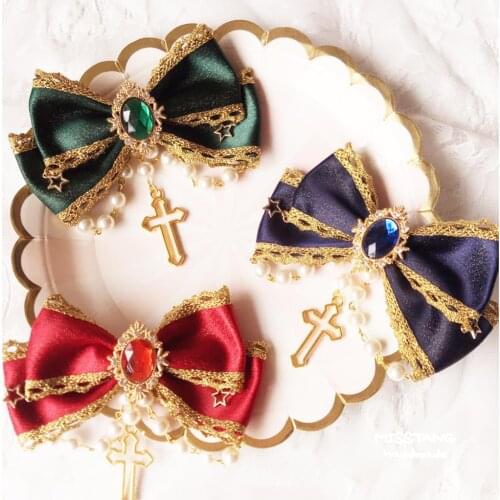 Original Lolita Side Clip Dark Green Barrettes Gorgeous Bead Necklace Cross Headdress Lolita Hair Accessories Lo Niang Gadget