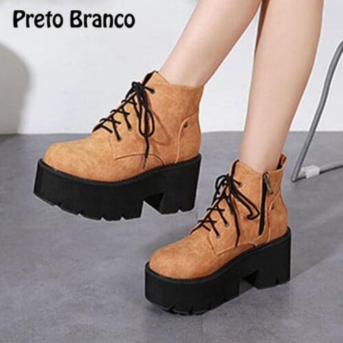 PRETO BRANCO 2021 Black Brown Women Boots Platform Thick Heels Winter Ankle Boots Bottom Thick Belt High Heel Boots Lace-Up JXQ