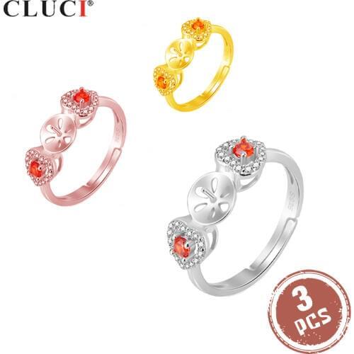 CLUCI 3pcs Silver 925 Love Heart Women Rings Jewelry 925 Sterling Silver Pearl Ring Mounting Red Zircon Heart Rings SR2153SB