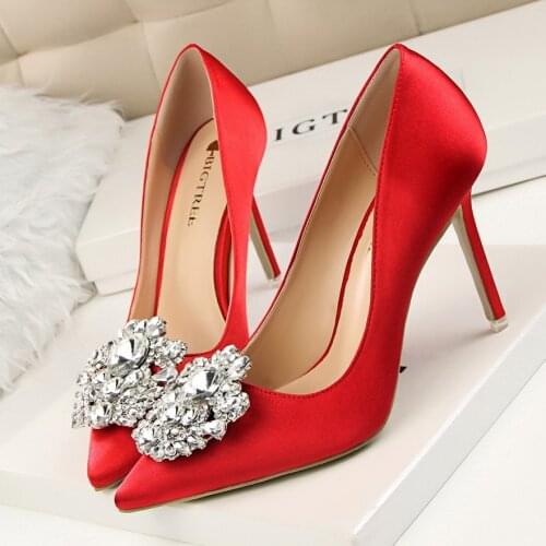 Silver Gray Black Women Bridal Wedding Shoes Faux Silk Satin Rhinestone Crystal Shallow Woman Pumps Stiletto High Heel