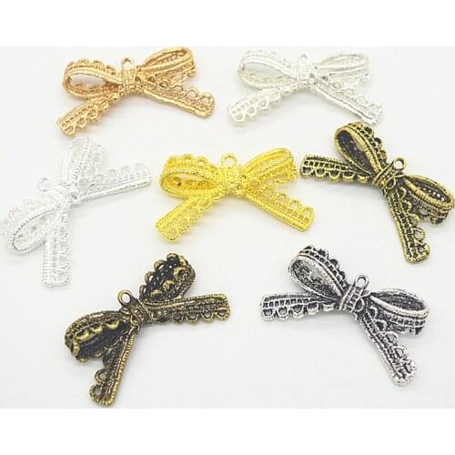 DIY Retro Alloy Jewelry Accessories 4pcs/lot 44x24mm Five Colors Plated Lace Bow Tie Charms Pendant For Making DIY Jewelry