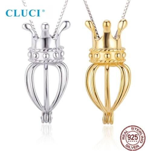 CLUCI 925 Sterling Silver Crown Shaped Cage Pendant for Necklace Jewelry Women Fairy Tale Silver 925 Pearl Cage Locket SC016SB