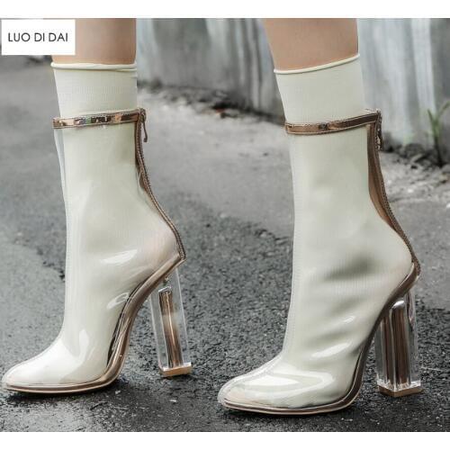2019 autumn new women ankle boots zip up motorcycles booties clear heel party shoes women pvc booties ladies sock boots