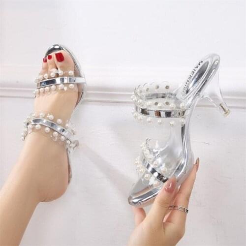MAIERNISI New Women Pumps Sexy Pearl Design With PVC Transparent High Heels Slippers Mules Party Brand Shoes Sandals