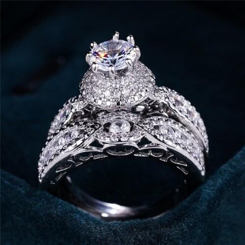 Female Luxury Crystal Stone Ring Sets White Zircon Double Rings For Women Wedding Jewelry Vintage Silver Color Engagement Ring