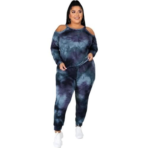 Female Blue Large Casual Sports Suit Off Shoulder Tie Dye Gym Sweats Women Plus Size 5xl