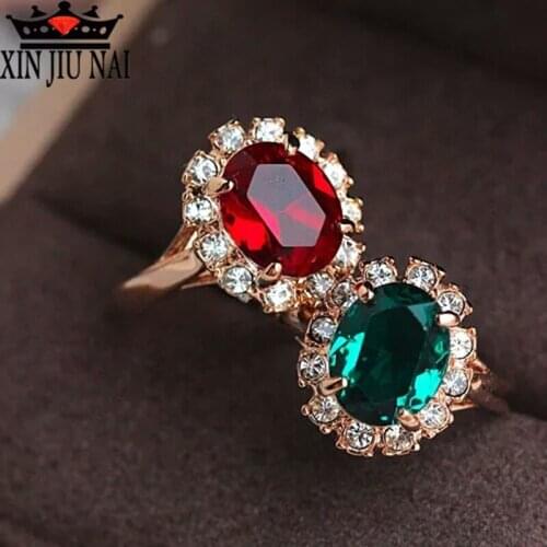 6 Colors Classic Red/Green/blue Stone Ring for Women Rose Gold Crystal Fashion Sun flower Jewelry For girls Christmas Day Gift