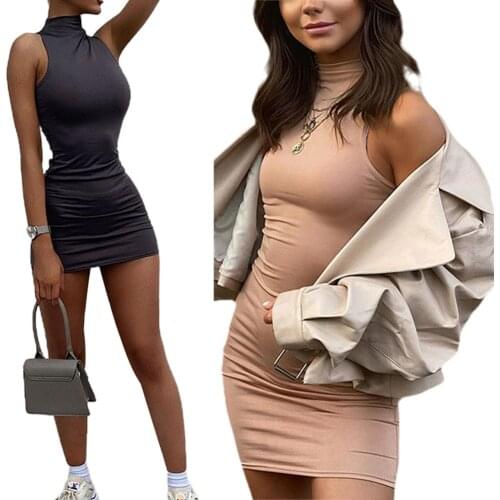 2021 New Womens Sleeveless Bag Hip Dress Summer Fashion Sexy Stand Collar Skinny Dress Solid Color
