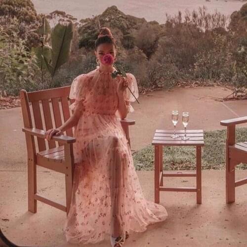 DUISNENA boho dress puff sleeve pink white women dresses rose embroidery tulle mesh skirt fairy ruffled robe vestidos