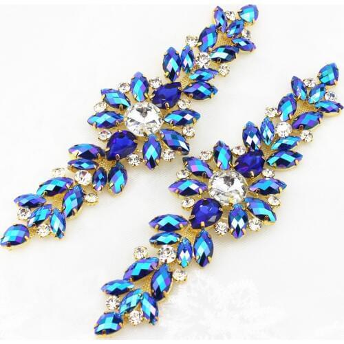 18.2X5.5cm AB sewing on Rhinestone Patch Fashion crystal Golden Base Flower rhinestone applique Belt For wedding Evening dress